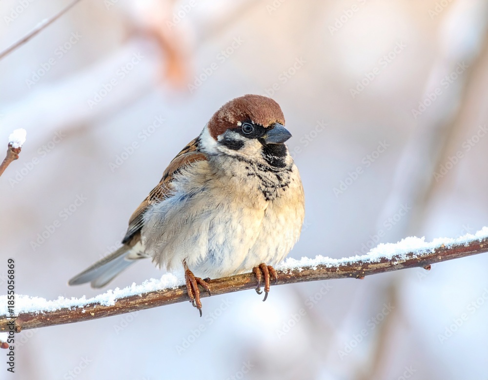 Obraz premium ・冬の寒さにふくらんだすずめ ― 癒しと温もりを感じる野鳥 ・Fluffy Sparrow in Winter – A Symbol of Warmth and Comfort