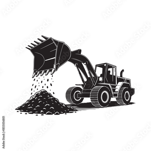 A black and white illustration of a front end loader dumping material