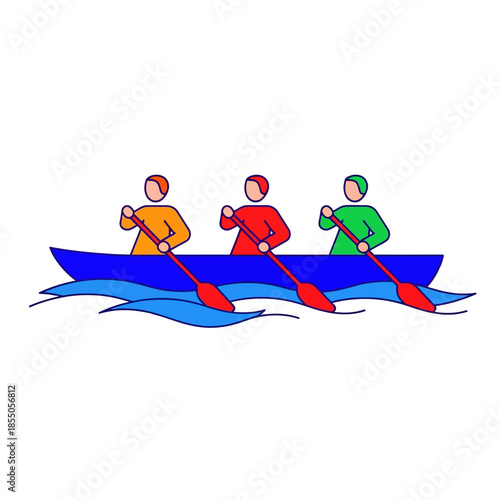 Synchronized crew members paddling a sleek, minimalist boat in unison across a stylized ocean, a pure flat 2D vector illustration symbolizing successful team alignment and collective progress.