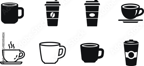 A collection of coffee cup and mug icons in various styles for design purposes
