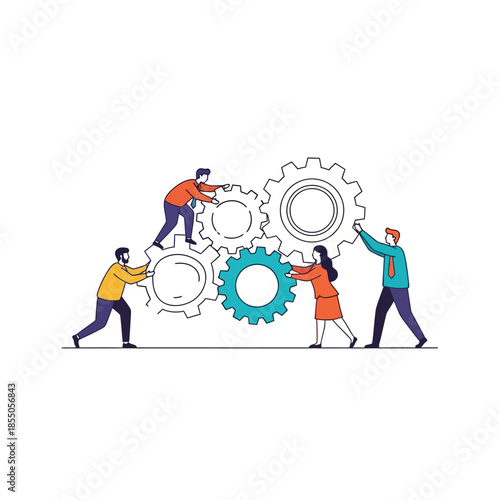 Synchronized Business Teamwork turning interlocked geometric gears is depicted in this pure flat 2D vector illustration, symbolizing smooth operational workflow.
