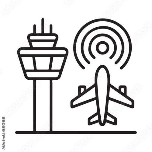 Airport control tower and airplane illustration in a simple line art style