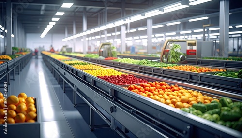 Large grocery store display of fresh produce, arrayed on illuminated conveyor belts