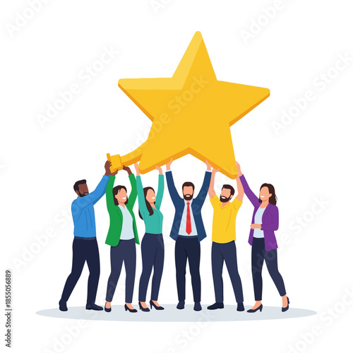 Successful business development team members jointly raise a massive gold star trophy, celebrating a collective milestone in this pure flat 2D vector illustration with clean lines.