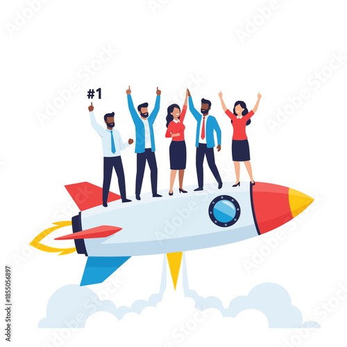 Successful business team unified on a brightly colored launching rocket celebrating goal achievement and innovation, depicted in a minimalist pure flat 2D vector illustration.