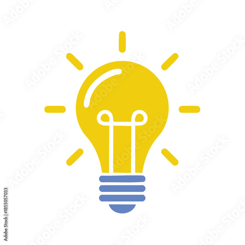 Bright Yellow Light Bulb Symbolizing Idea and Innovation, Blue Base with Radiating Rays, Simple Design
