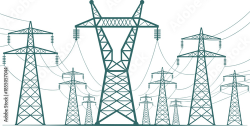 Electric power transmission towers illustration, high voltage pylons with overhead lines, energy grid infrastructure, black line art vector design