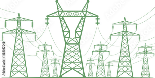 Electric power transmission towers illustration, high voltage pylons with overhead lines, energy grid infrastructure, black line art vector design