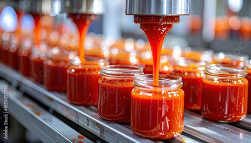 Close-up of automated food production line filling jars with vibrant red sauce