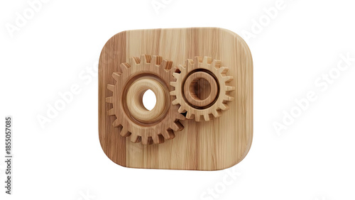3D Wooden gears on a rounded square background on transparent background