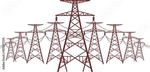 Electric power transmission towers illustration, high voltage pylons with overhead lines, energy grid infrastructure, black line art vector design