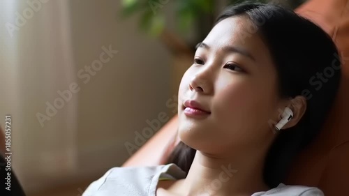 Young Asian woman relaxing with eyes closed, listening to music or podcast with wireless earbuds at home.