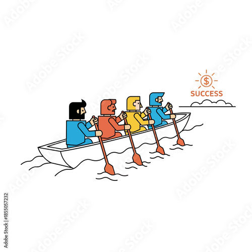 Minimalist 2D flat vector illustration featuring a collaborative team of four geometric figures rowing a boat in unison toward a large shining success target on the horizon.
