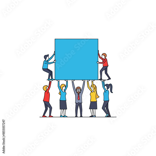 Minimalist 2D flat vector illustration featuring five diverse characters balancing a heavy geometric block with synchronized effort, symbolizing mutual team support and business structural stability.