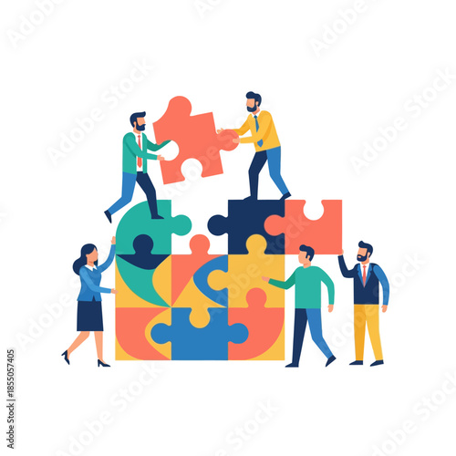 Four diverse professionals complete a complex geometric jigsaw puzzle, showing synergy and project completion in a flat 2D vector illustration.