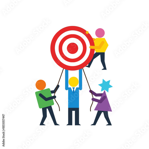 Four business professionals in a seasonal, flat 2D vector illustration use teamwork and geometric shapes to successfully hoist a large target icon towards a shared objective.