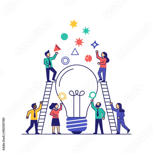 Focused business team brainstorms seasonally, tossing geometric idea symbols into a giant stylized lightbulb infographic, featured as a vibrant, flat 2D vector illustration.
