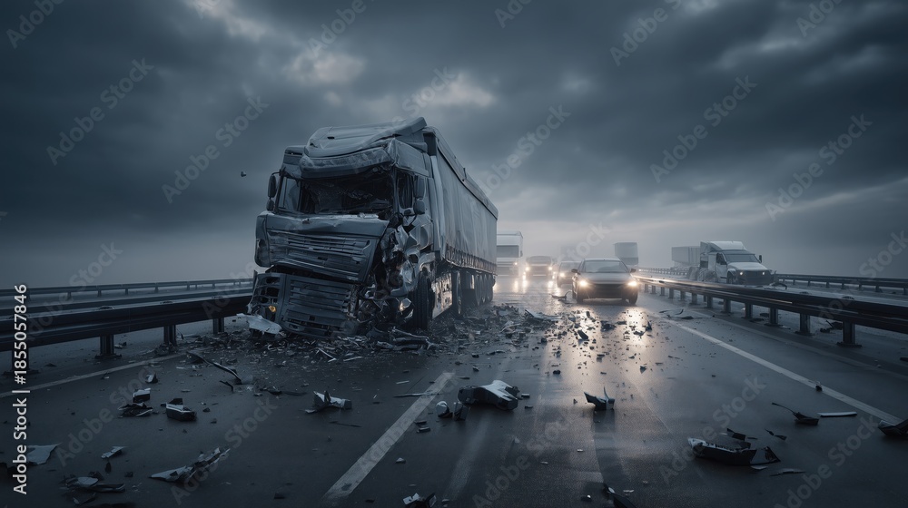 Fototapeta premium Severe Truck Collision on Wet Highway with Traffic Disruption