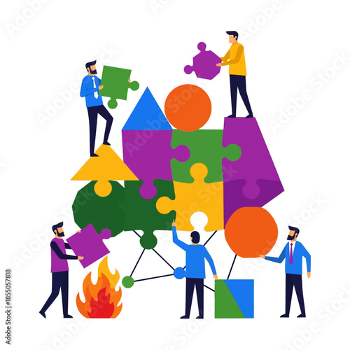 Diverse business team characters collaborate to assemble a complex abstract corporate puzzle structure using vibrant geometric shapes in a clean 2D flat vector illustration.