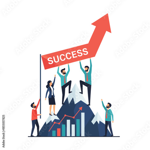 A 2D flat vector illustration shows a professional team reaching the mountain summit of a financial chart, raising an upward arrow flag symbolizing massive business success and collective achievement.