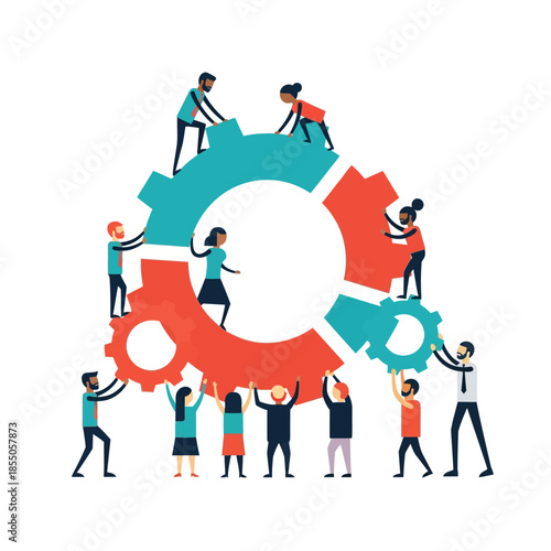 A diverse business team of minimalist geometric characters collaboratively assembles a giant cogwheel, symbolizing synchronized effort in this clean 2D flat vector illustration.