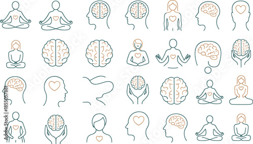 Mental health and wellness line icon set, mindfulness self care psychology symbols, minimalist outline design for healthcare apps