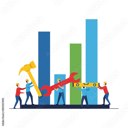 Workers actively construct the massive foundational structure of a stylized bar chart representing growth and stability in this pure flat 2D vector illustration.