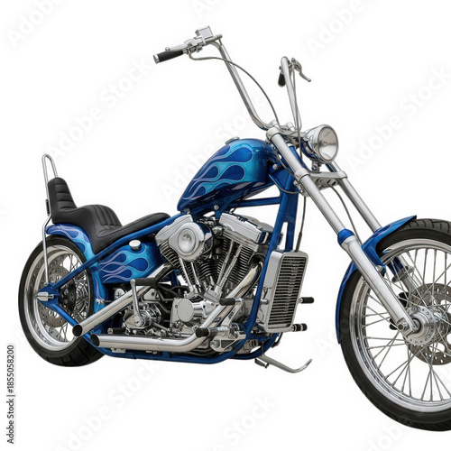 Blue custom chopper motorcycle isolated on transparent background