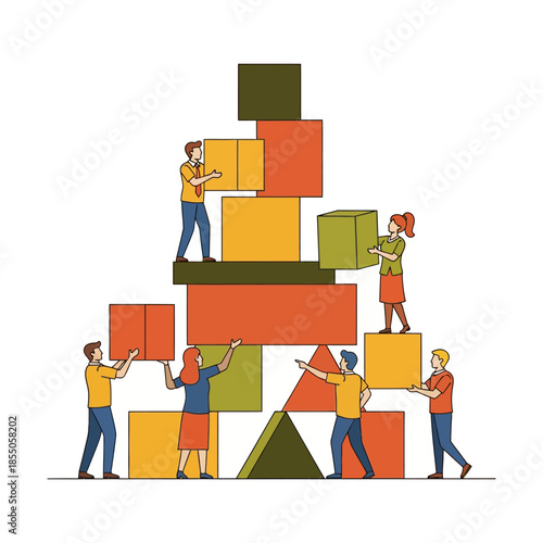A team of professional workers is architecturally stacking solid geometric building blocks to construct a stable business foundation in this pure flat 2D vector illustration.