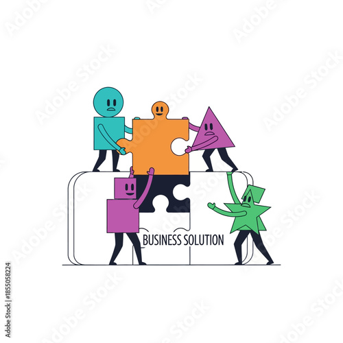 Three geometric figures work together to precisely fit the final oversized puzzle piece into a massive cohesive business solution shape, visualized in a seasonal pure flat 2D vector illustration.