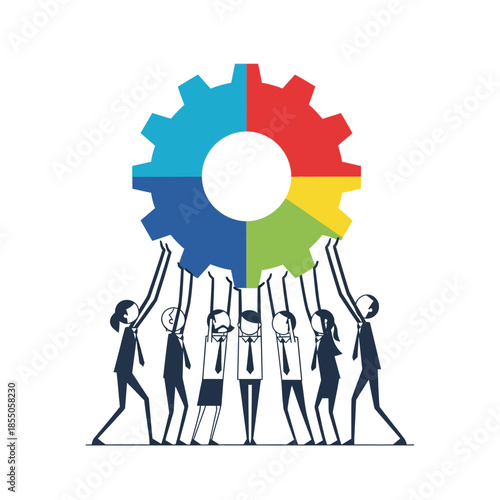 A seasonal, pure flat 2D vector illustration depicts stylized business people collaborating to hoist a large, colorful gear, symbolizing synergy and shared effort.