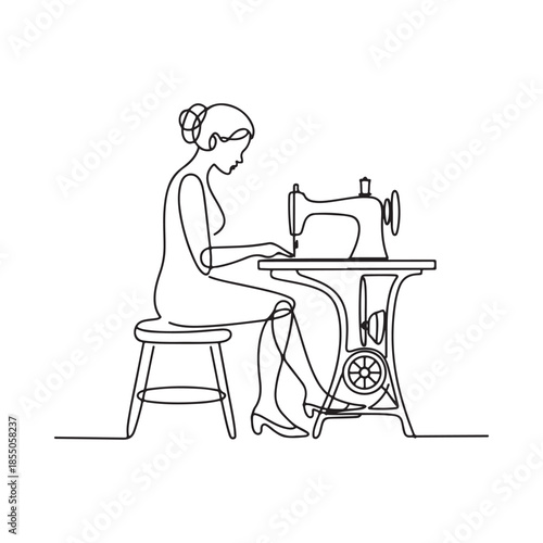 A single line drawing of a woman seated at a vintage sewing machine