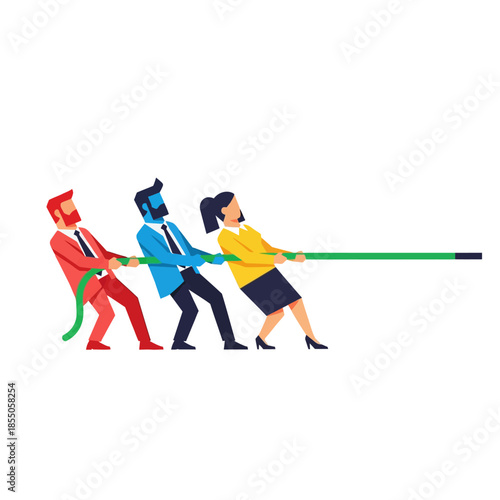 Three business characters in a pure flat 2D vector illustration are collaboratively pulling a solid-color rope towards a shared goal line, symbolizing unified effort and synergy.