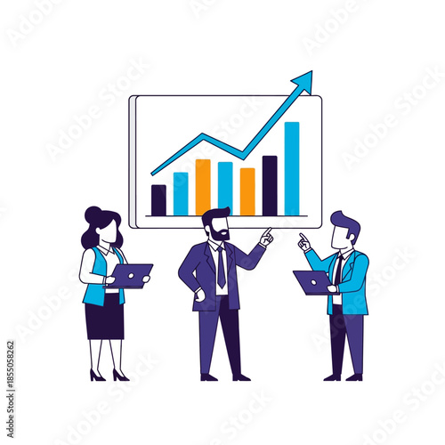 Three professional minimalist characters collaborate and analyze a massive abstract upward-trending business chart displayed on a floating screen in a pure flat 2D vector illustration style.