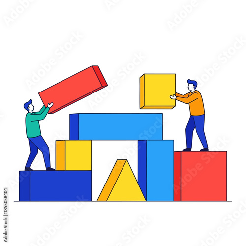A 2D vector illustration shows two business characters strategically stacking colorful geometric blocks to build a robust organizational foundation, symbolizing successful teamwork and strategic const