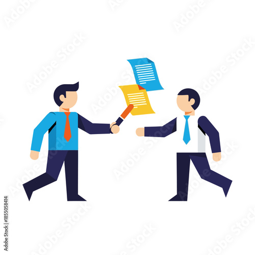 A flat vector illustration depicts two geometric business characters successfully executing a relay exchange of a colorful baton, symbolizing project handover, trust, and smooth continuity.