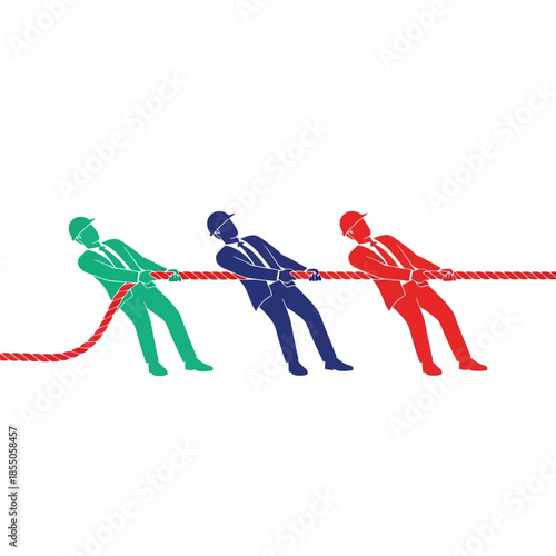 Unified corporate figures demonstrating teamwork and maximum effort pulling a heavy rope towards a shared business objective in a minimalist 2D flat vector illustration.