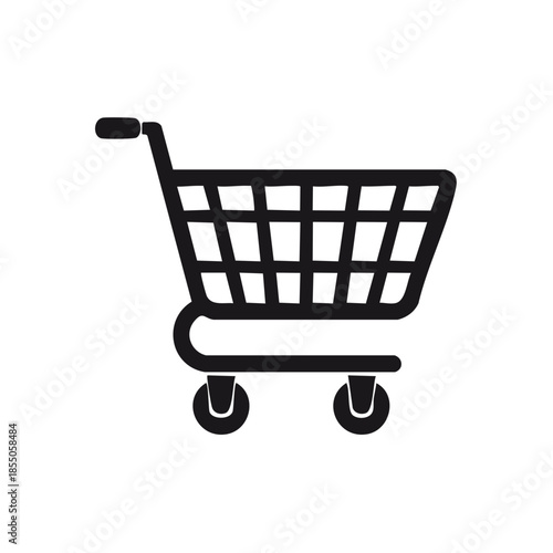 Black shopping cart illustration with wheels for groceries in a store and market. Single trolly for ecommerce
