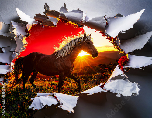 破れた紙から現れる黄金の馬。夕日と草原、新年の飛躍を象徴する躍動的なアート。