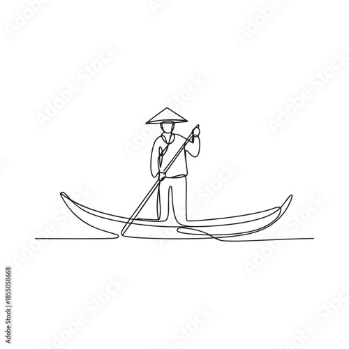 Continuous line drawing of a person paddling a traditional boat