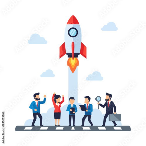 Four minimalist professionals successfully launch a vibrant business rocket from a platform in this flat 2D vector illustration, symbolizing successful startup projects and rapid achievement.