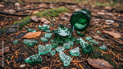 Broken green glass bottle shattered on the forest floor. Concept of environmental pollution, littering in nature, ecological hazard, and human impact on wildlife and woodland ecosystems.