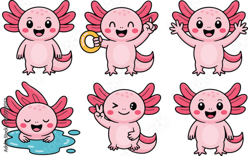 Cute axolotl cartoon character set with playful poses and emotions, kawaii pink amphibian illustrations for stickers, kids designs