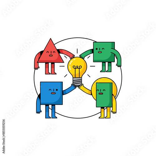 Four geometric characters collaborate in a circle, passing a floating lightbulb symbolizing shared innovation and successful teamwork in a pure flat 2D vector illustration style.