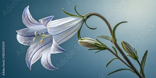 Beautiful white lily flower with green stem and blue background
