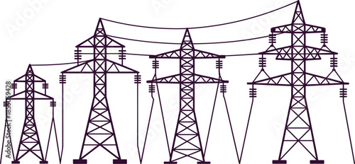 High voltage power transmission towers illustration, black and white electricity pylons line art, industrial energy infrastructure design