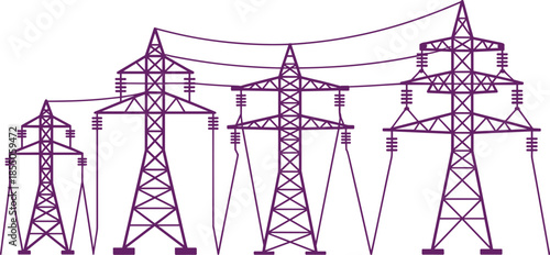 High voltage power transmission towers illustration, black and white electricity pylons line art, industrial energy infrastructure design