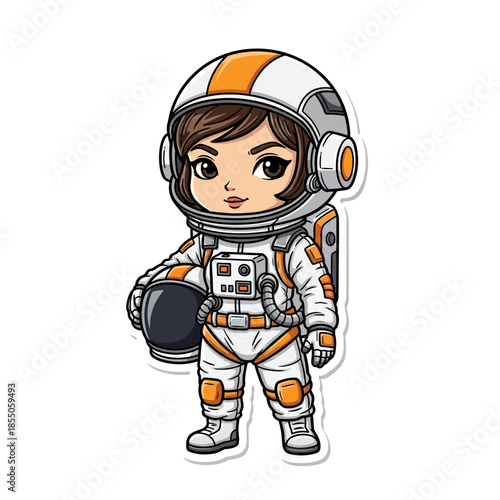 Cartoon Female Astronaut in White Spacesuit.