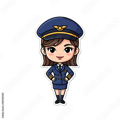 Cartoon Female Pilot in Uniform Standing.