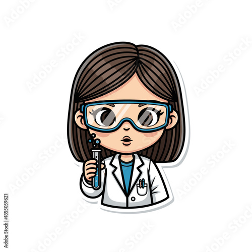 Cartoon Female Scientist with Test Tube.